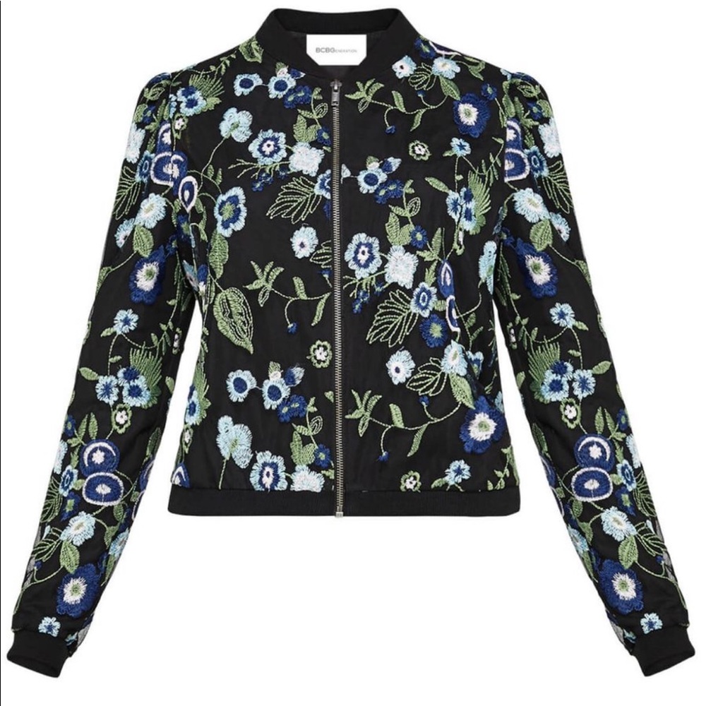 🔥BCBGENERATION🔥NAVY FLORAL JACQUARD BOMBER JACKET MEDIUM NWT - Picture 6 of 7